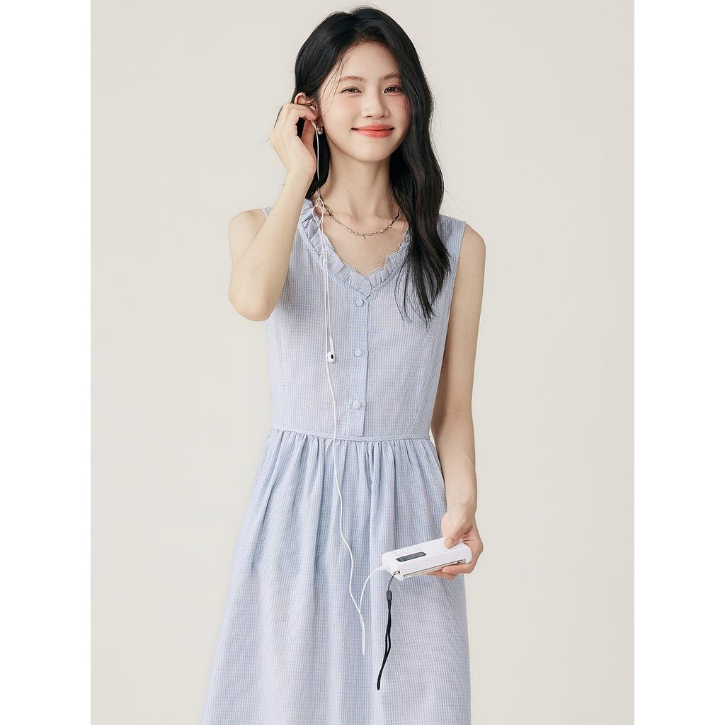 Summer Blue Plaid Edge Lace-up Sleeveless Vest Skirt Women's Medium and Long Dress