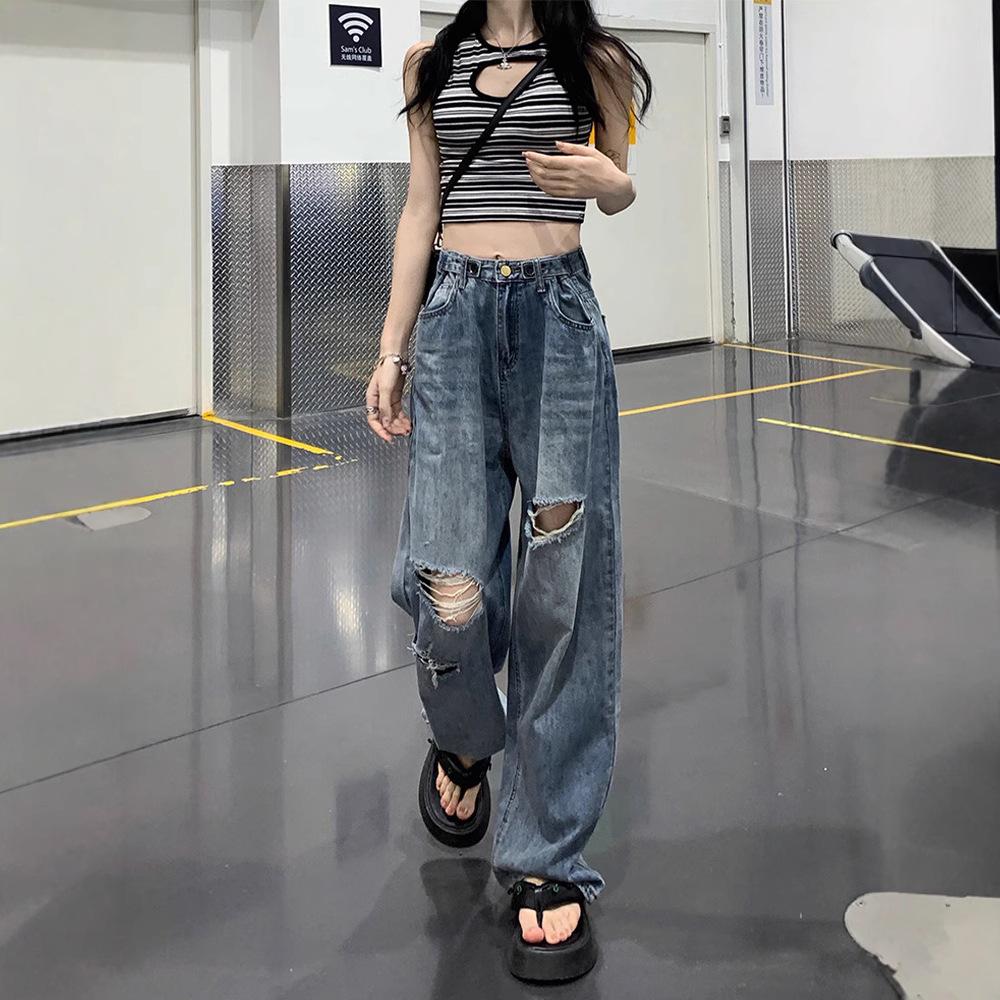 

Women s Versatile High-Waist Ripped Jeans: Loose Straight-Leg Wide Pants Extra Small