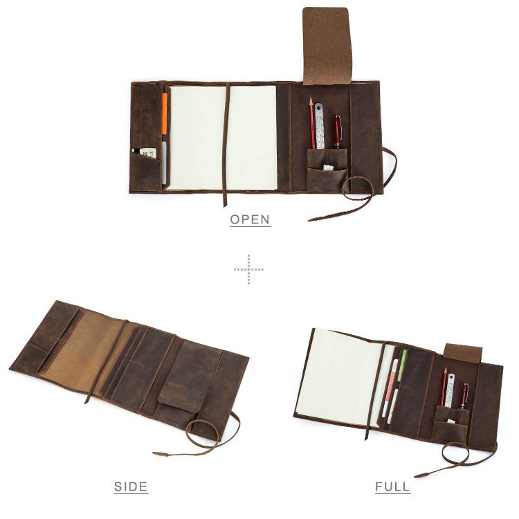 Premium Full Grain Leather A5 Refillable Notebook Vintage Tri Fold Crazy Horse Cover Tie Closure 23x16.4x2.5cm Loose-leaf