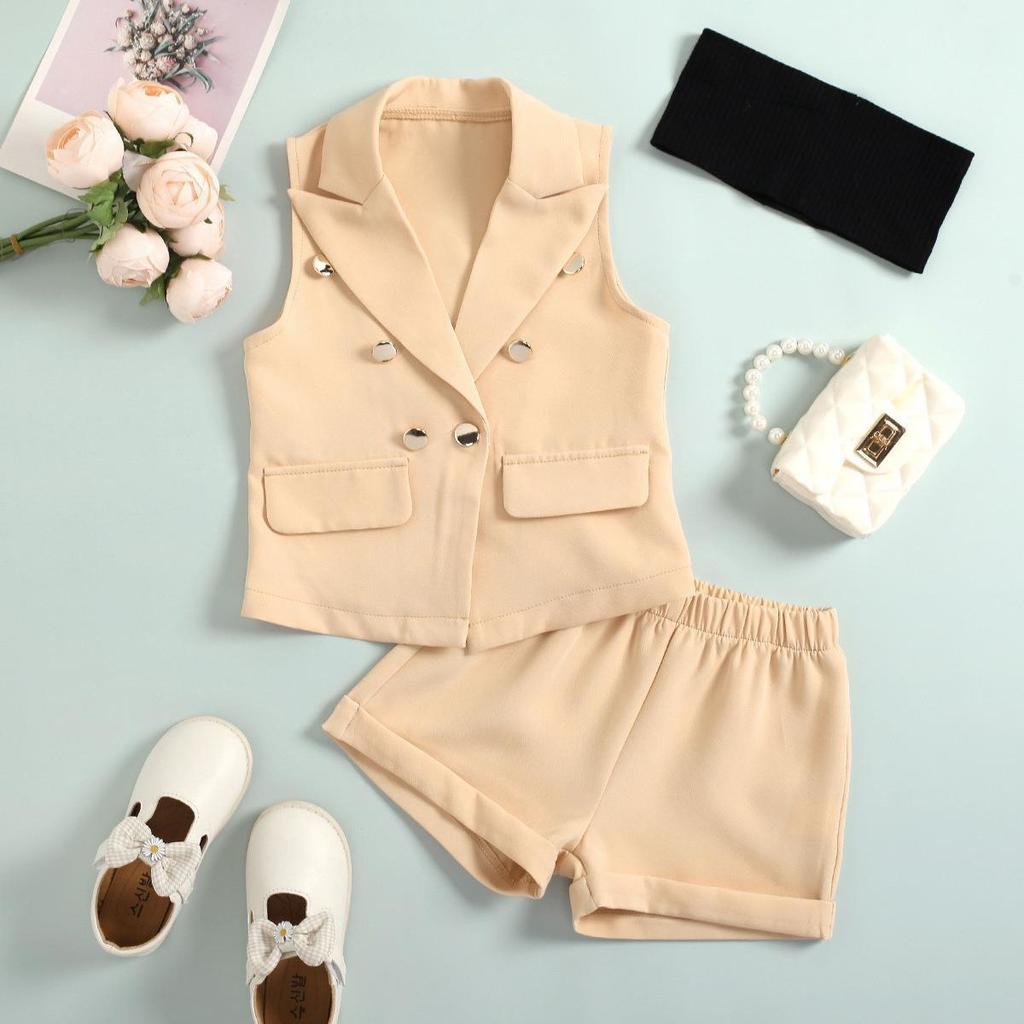 Girls' Fashion Suit Summer Children's Suit Sleeveless Top White Strapless Cuffed Shorts 3-piece Suit