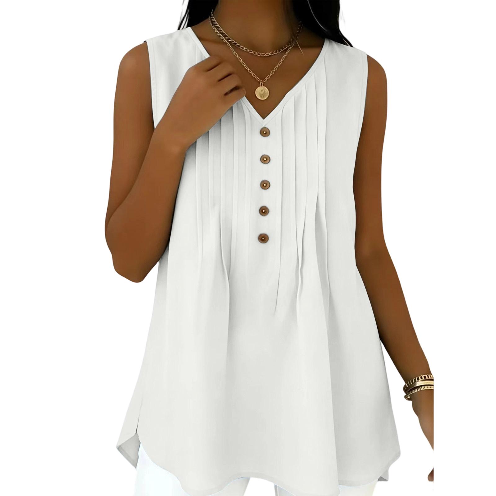 

Women s V-Neck Pleated -Color Sleeveless Top — Casual Vacation- Vest XL білий