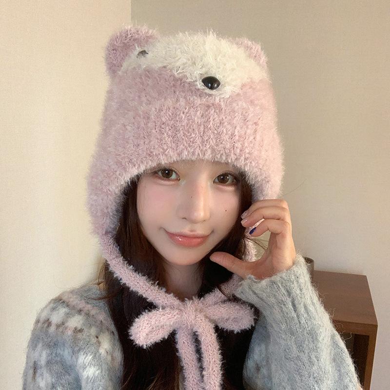 

Шапка Японская Милая Мультяшный Медведь Плюшевая Шапка для Женщин Осень и Зима Теплая Шапка на Шнуровке Защита от Холода Защита Ушей Шерстяная Шапка