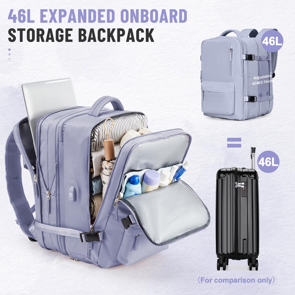 Expandable Travel Laptop Backpack for Men and Women, Large Capacity Waterproof Hand Luggage, Airplane Carry-On Bag