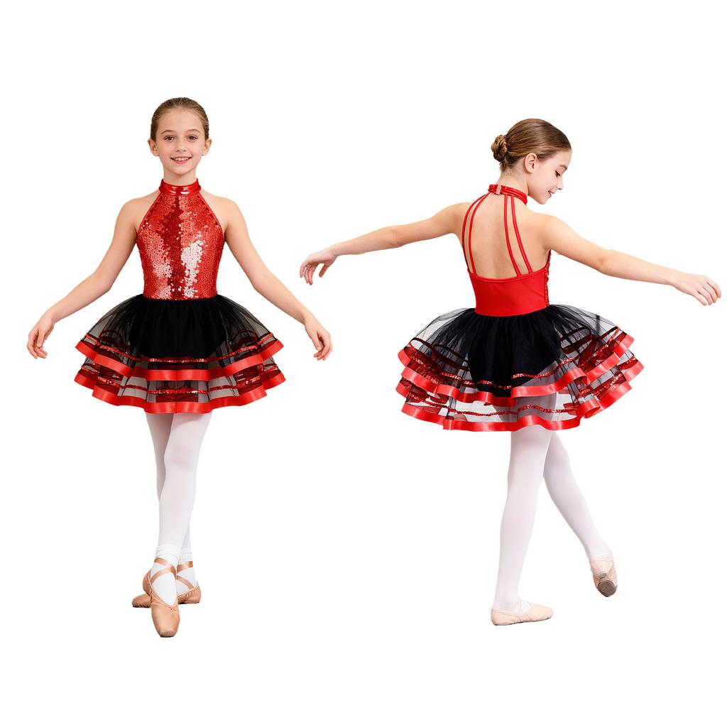 Girls Kids Sparkling Sequins Ballet Tutu Dress Modern Jazz Dance Outfit Stage Performance Costume Dancewear