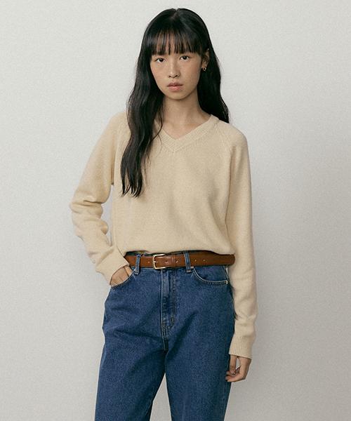 Lingseoul Lambswool V-Neck Knit-Yellowbeige
