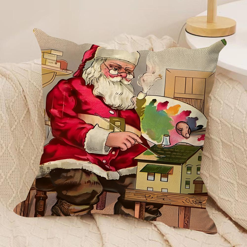 Retro Christmas Santa Claus Cushion Cover Silky Short Plush Invisible Zipper Dustproof Sofa Pillow Case For Home Decor