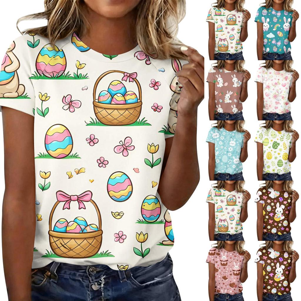 Women's Fashionable Casual Short-Sleeved Raglan Sleeve Easter Print T-Shirt Top