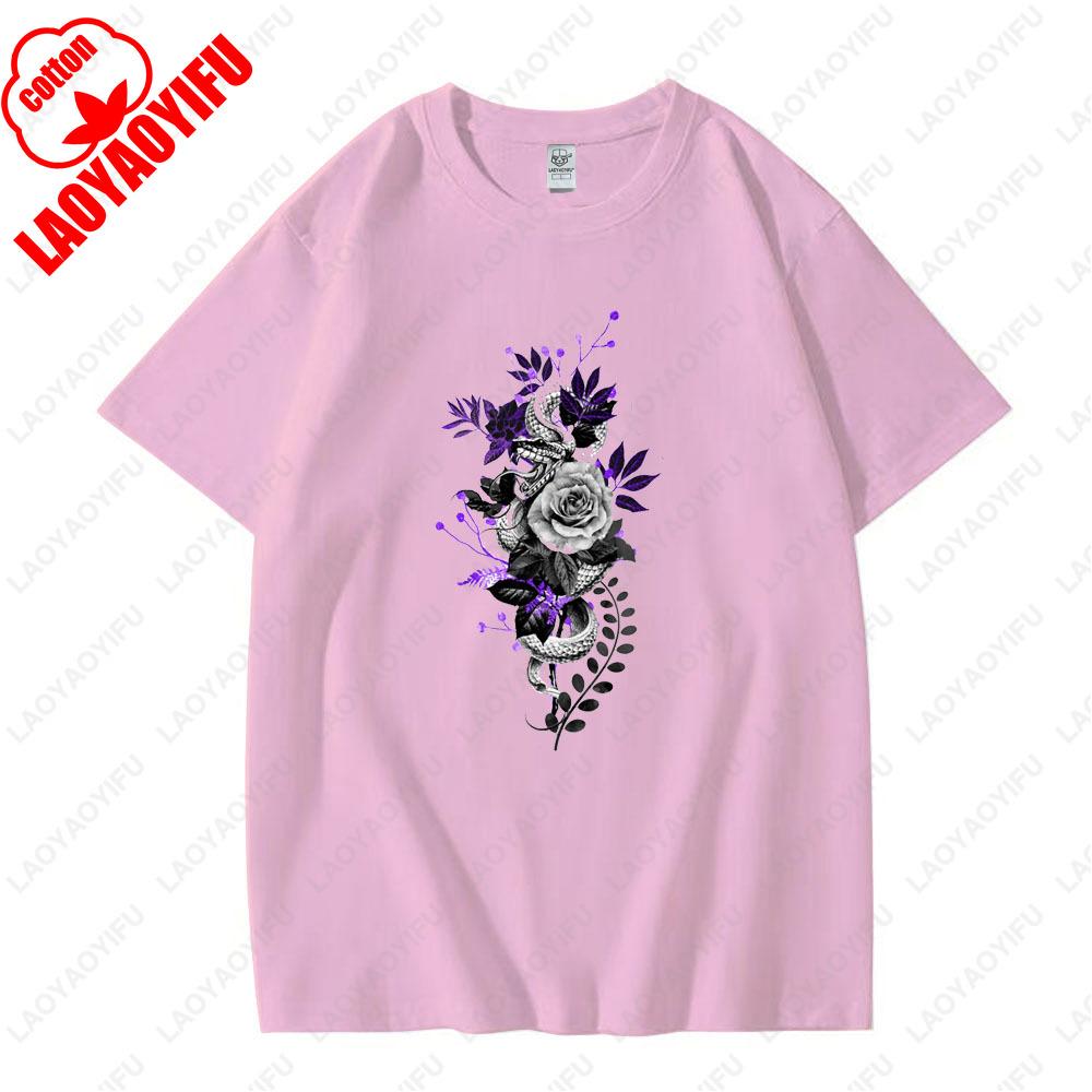 Gotische Schlange und Blumen T-Shirt Künstlerischer Retro Gothic Stil Florale Ästhetik Grafik T-Shirts Herren Damen Baumwolle Klassisches Tee