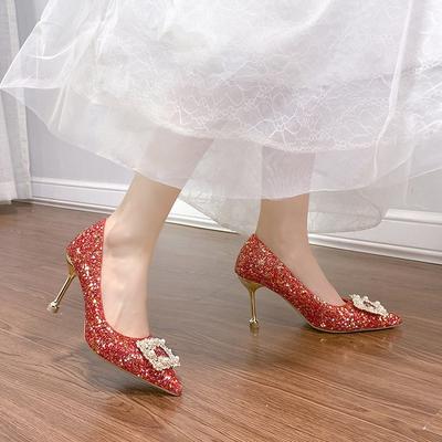 Damen 2025 neu spitz zulaufende dünnabsatzige Xiuhe-Kleid im chinesischen Stil, Hochzeitsschuhe, Einzelne Schuhe, Braut-Toast, rote Krone High Heels