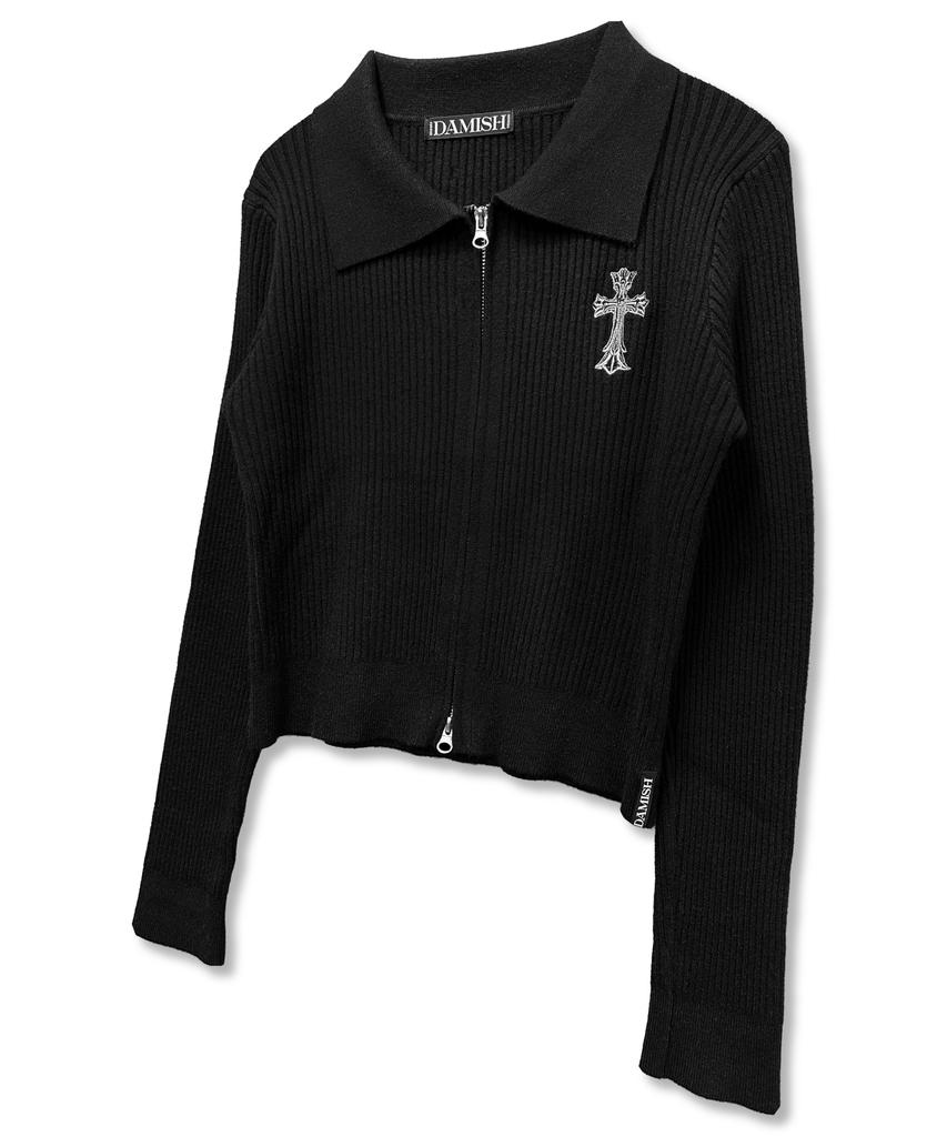 Damiswi Gothic Cross Embroidery Knit Zip-Up_Black