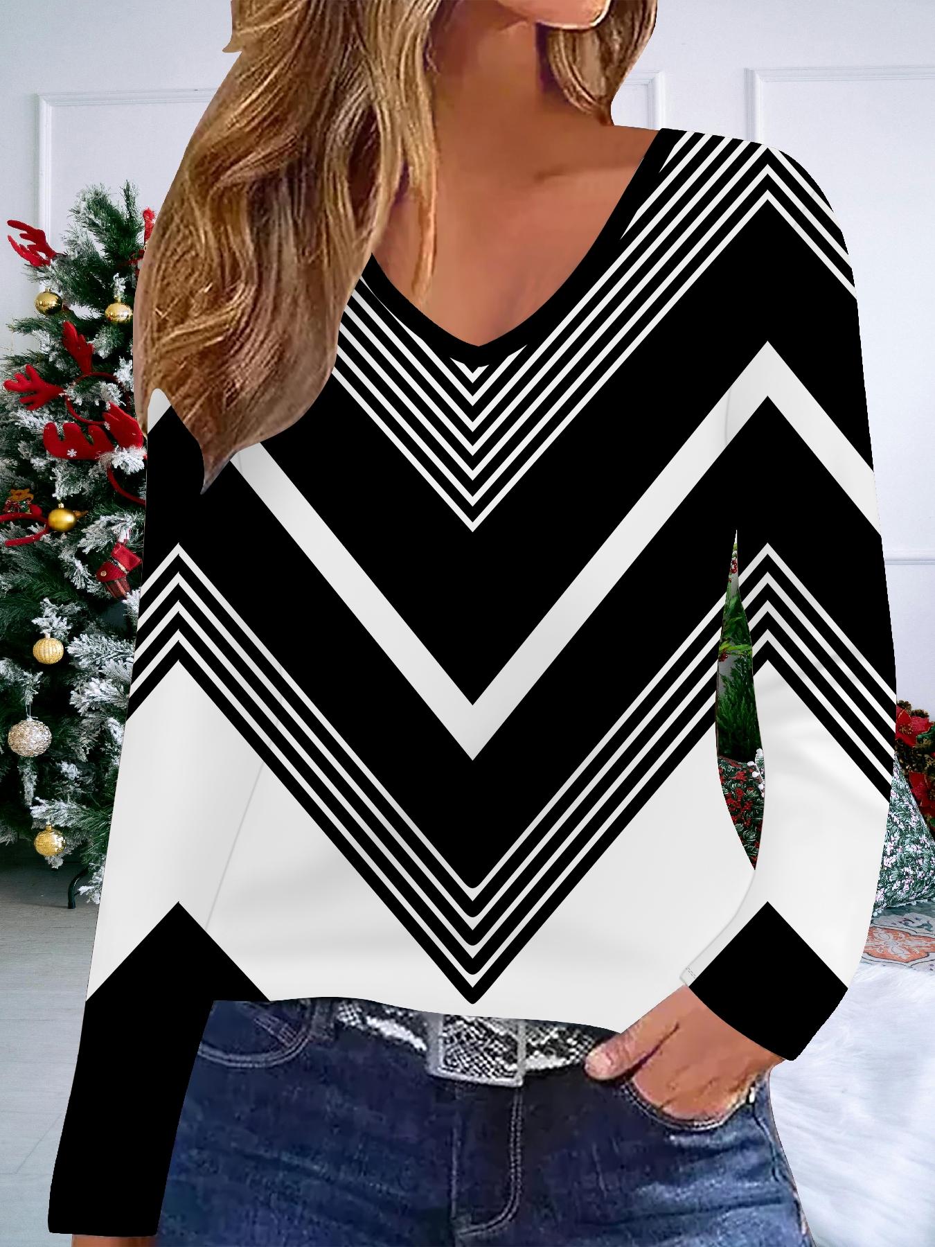 

3D Винтажный Принт Модная Повседневная Женская Футболка с V-образным Вырезом и Длинным Рукавом - Одежда для Новогодней Вечеринки Праздничный Подарок 6XL