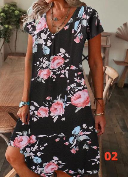 V-neck fashion women s dress, women s D-printed floral pattern round neck short sleeve S