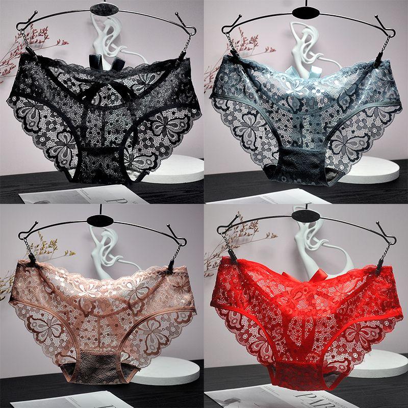 4PCS Sexy Unterwäsche Perspektive Spitze Frauen Höschen Floral Solide Briefs Weibliche Unterhose Breathablle Frauen Dessous