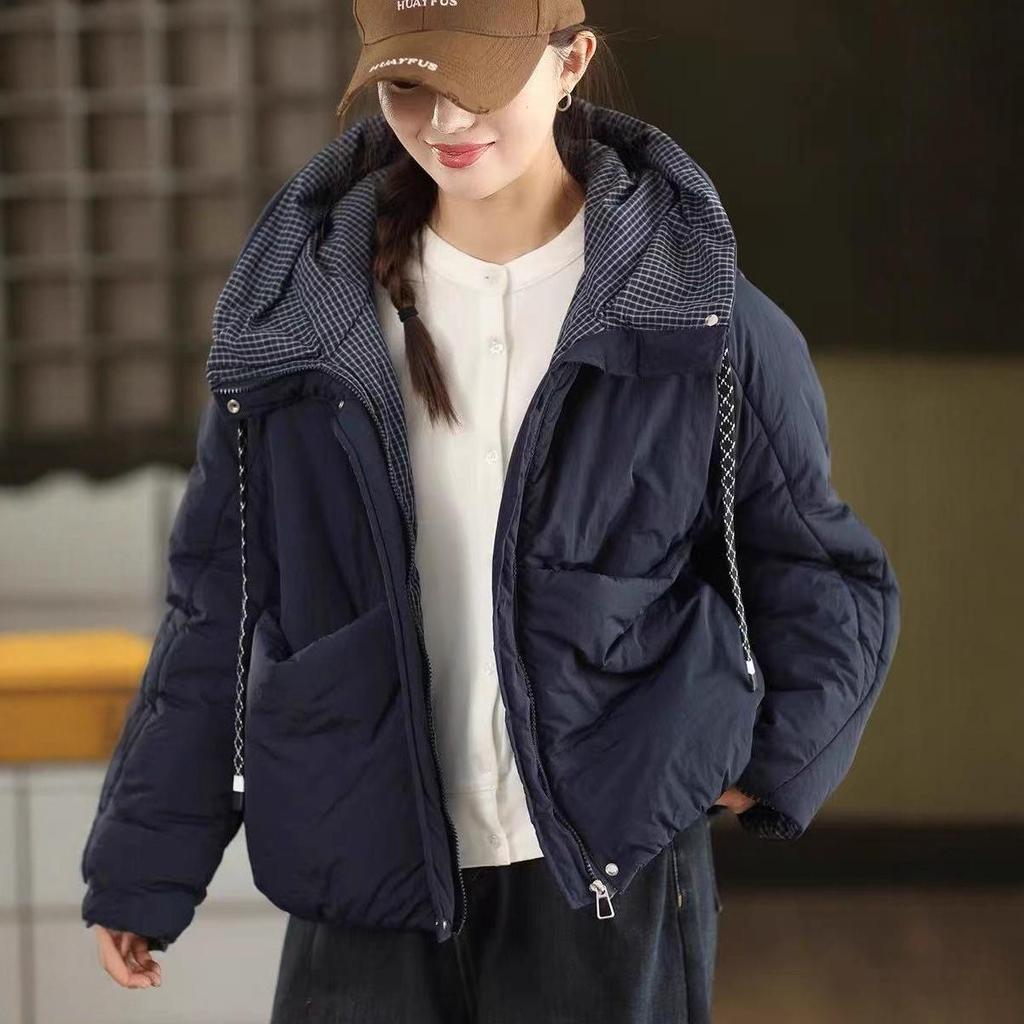 Korean Style Quilted Hooded Jacket with Plaid Lining and Large Pockets – Warm Cotton Bread Coat