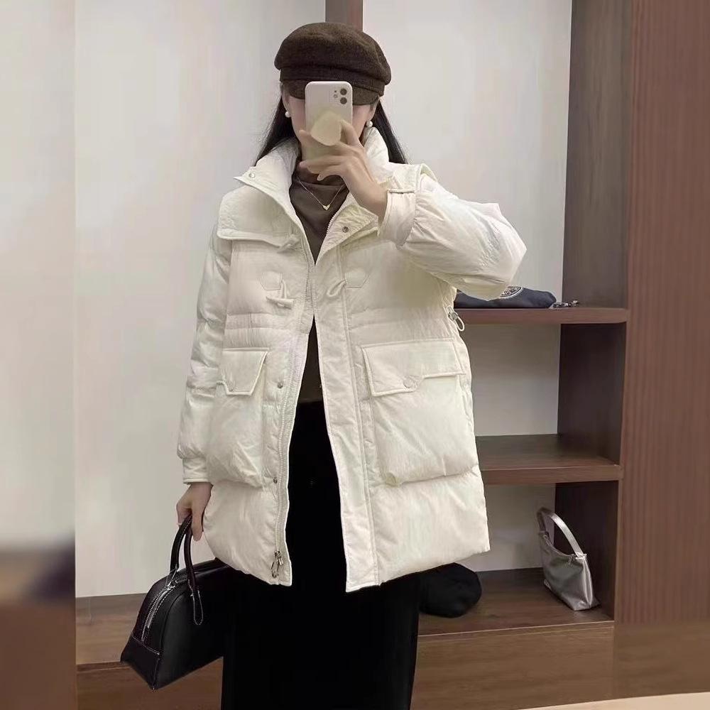 Down jacket women's foreign style winter new medium and long white duck down big pocket fashionable versatile loose thickened coat