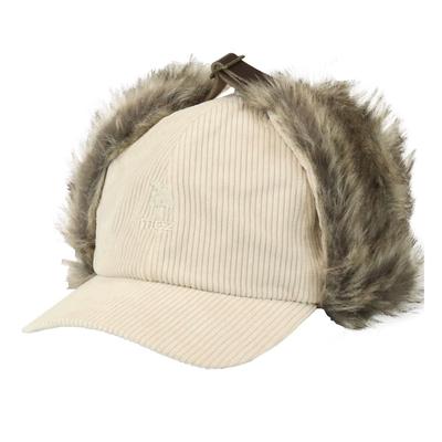 Moz Flight Cap with Ear Flaps, Men's and Women's Pilot Hat, Corduroy with Logo and Fur, Perfect for Fall and Winter, Ivory and Off-White