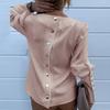 Fashion Office Lady Metal Button Back Long Sleeve Puff Shoulder Blouse Shirt Top