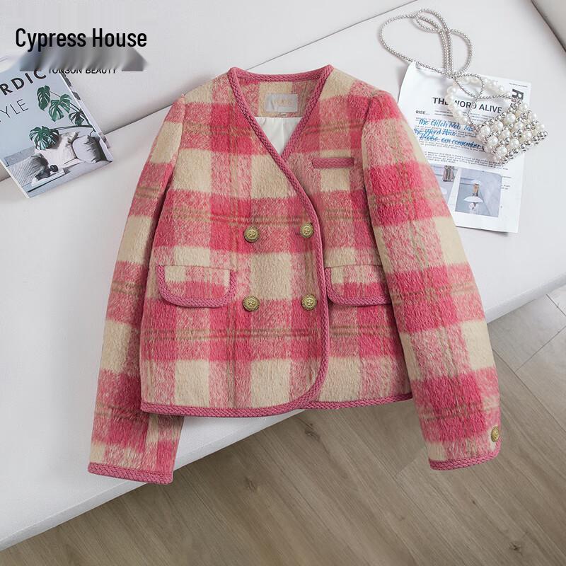 

Женский короткий двубортный жакет в розовую клетку L