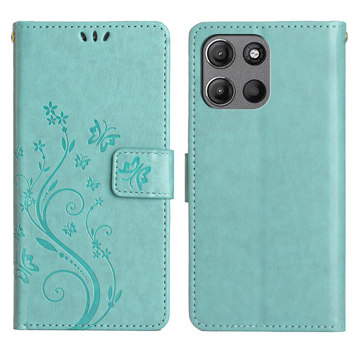 

Для Motorola Moto G Play (2025) 4G/G Потужність (2025) Шкіряний чохол-гаманець з тисненням метелика та квітки, чохол для телефону зі шнурком Baby Blue