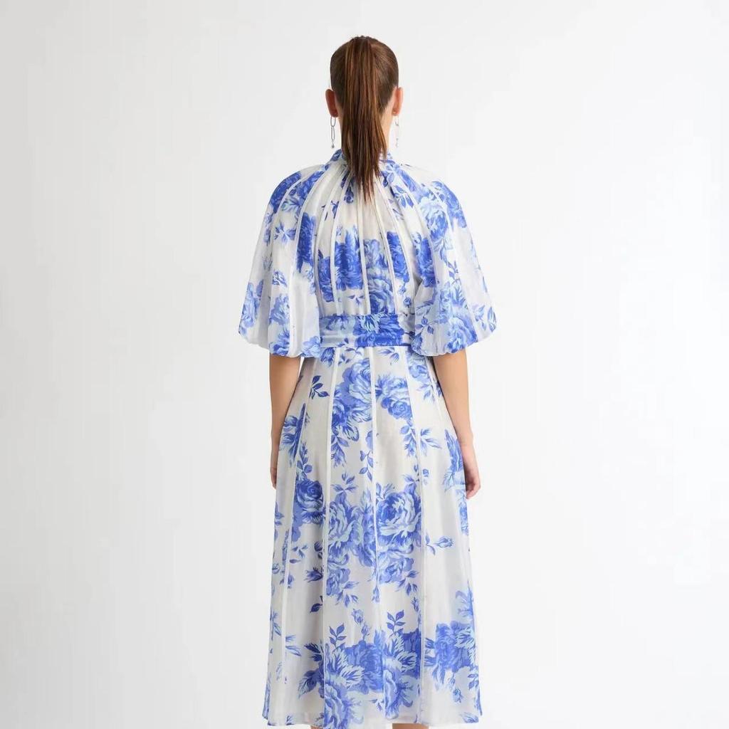 2023 Autumn Stand Collar Puff Sleeve Belted Print Long Dress for Women