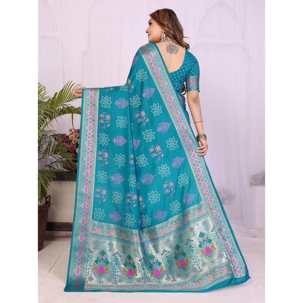 Handpicked Lite Weight Soft Dola Silk Bandhej Khadi Print Saree – a Perfect Fusion of Tradition & Vibrant Elegance