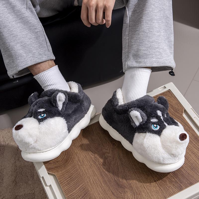 Men's Cozy Cotton Slippers - Thick Sole, Closed Heel, Cute Husky Design, Winter/Autumn Indoor & Outdoor Wear.