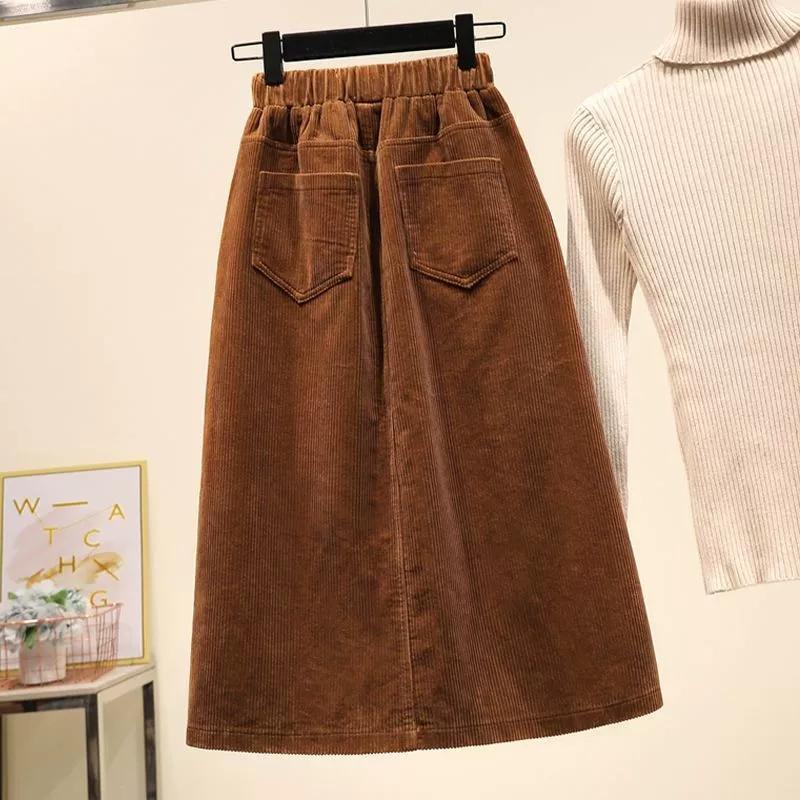 Plus Size Women Skirts Female Autumn Elastic Basic Corduroy High Slit Oversize Fashion Japanese Dress