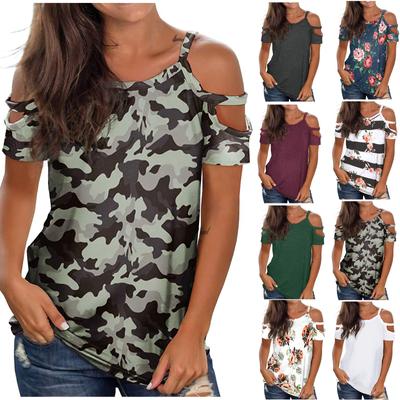 Women's  Hollow Out Solid Printing Casual Short SleeveT-shirt  Tops Blouse