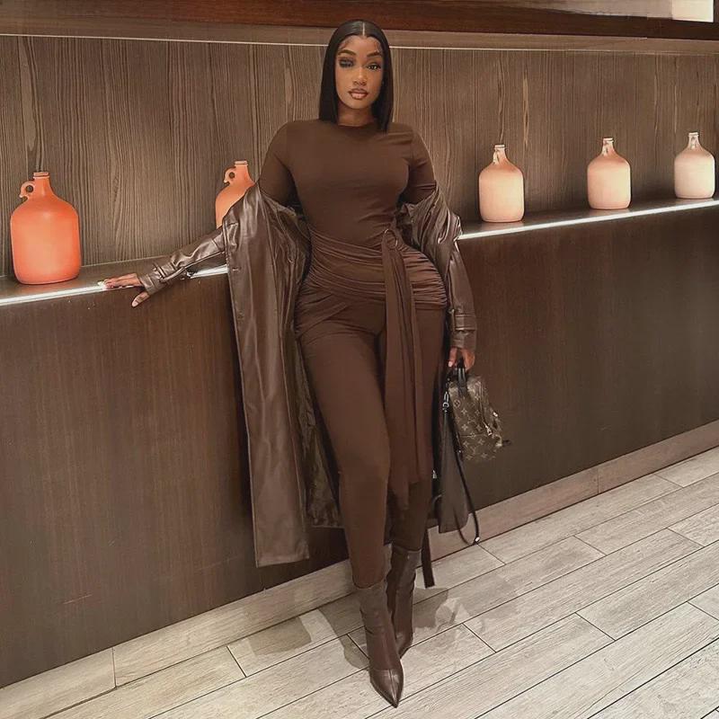 

Женский модный комбинезон с длинными рукавами, круглым вырезом, шнуровкой и металлической пряжкой L темно-коричневого