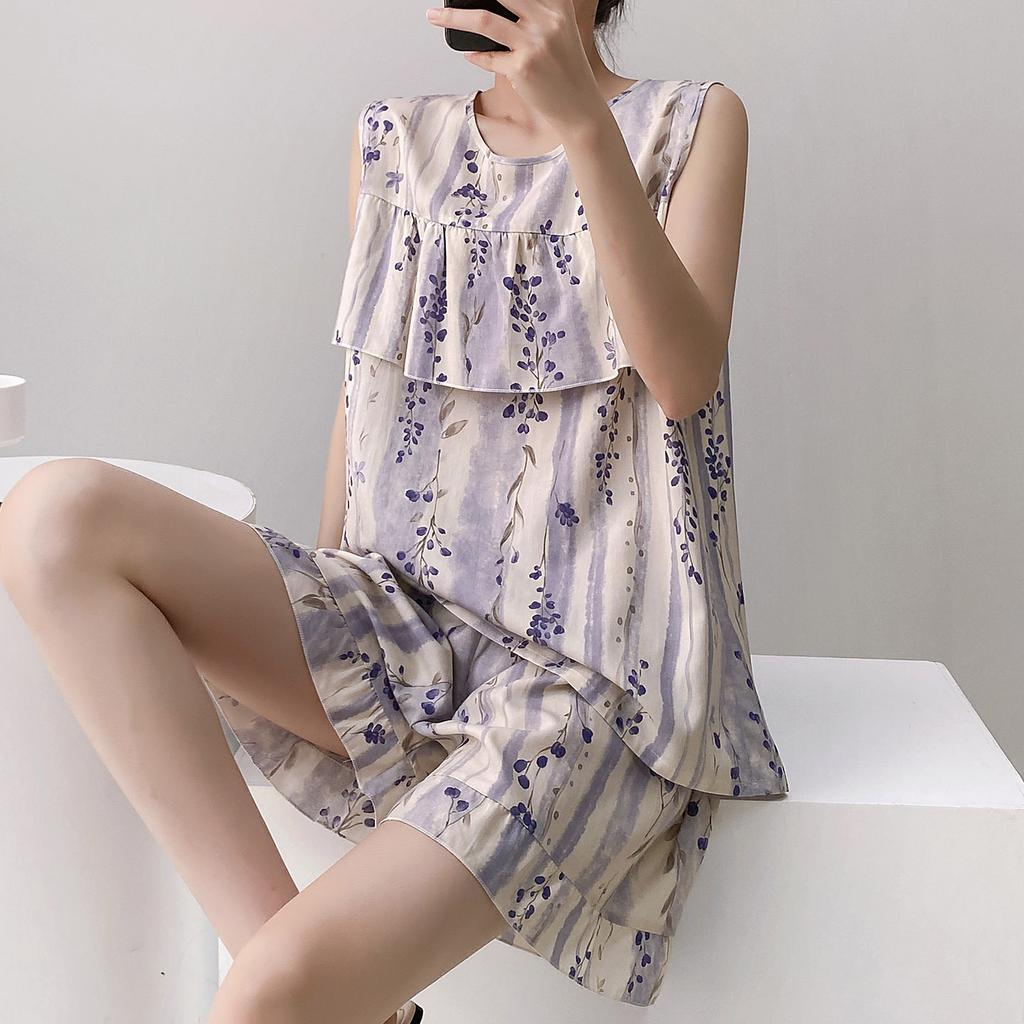 Anti-bumping Pajamas Women's Summer Vest Shorts Set Cotton and Silk Loungewear Can Be Worn Outside Loose Large Size Sweet and Cute