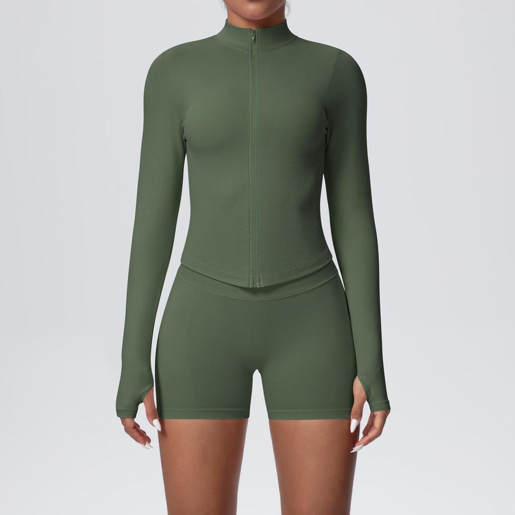 Women's Seamless Stand Collar Zip-Up Yoga Set with High Waist Leggings