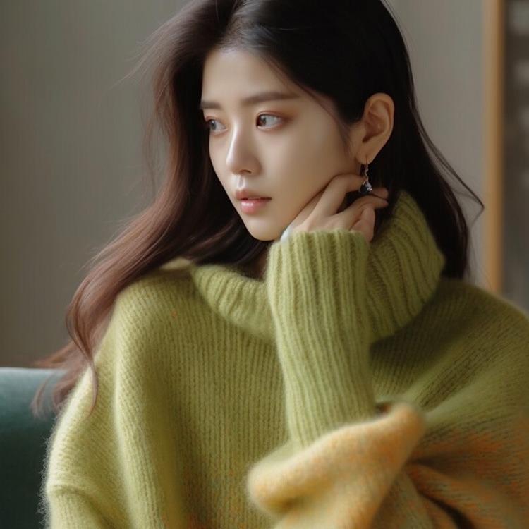 FL232559 Women's Green Turtleneck Sweater: Cozy, Loose Fit Knitwear for Petite Sizes - Perfect for Autumn and Winter.