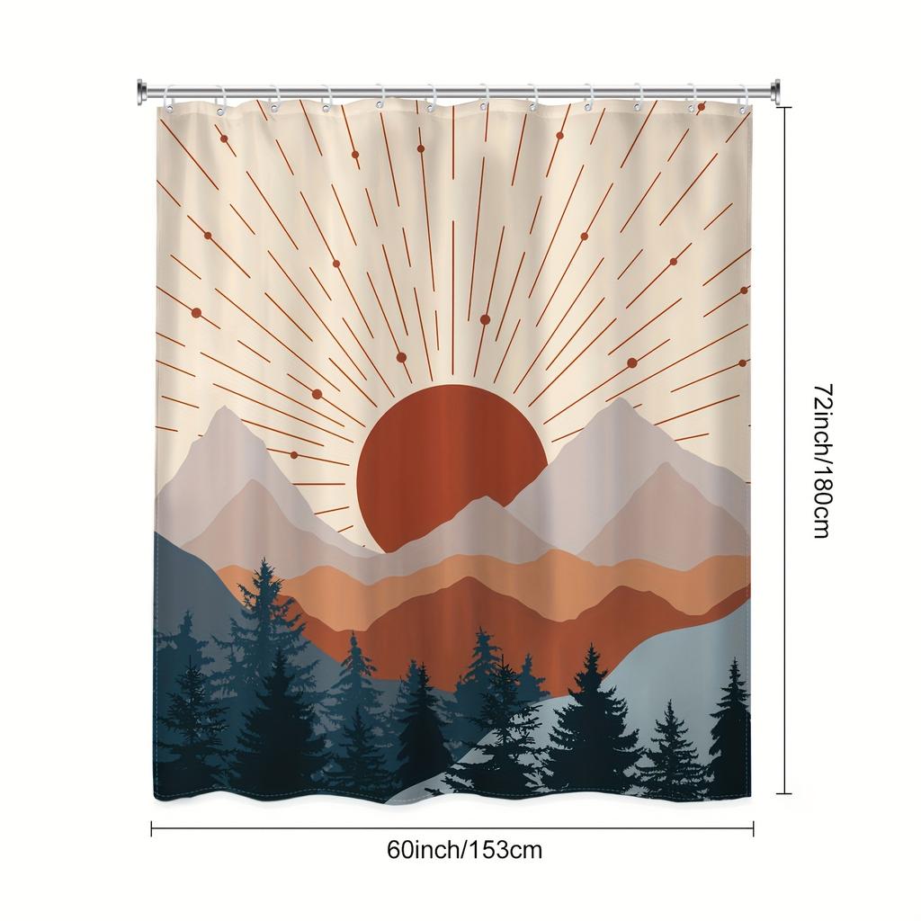 1pc Mid Century Boho Mountain Shower Curtain - Abstract Sunset, Modern Minimalist, Waterproof Polyester, 12 Hooks