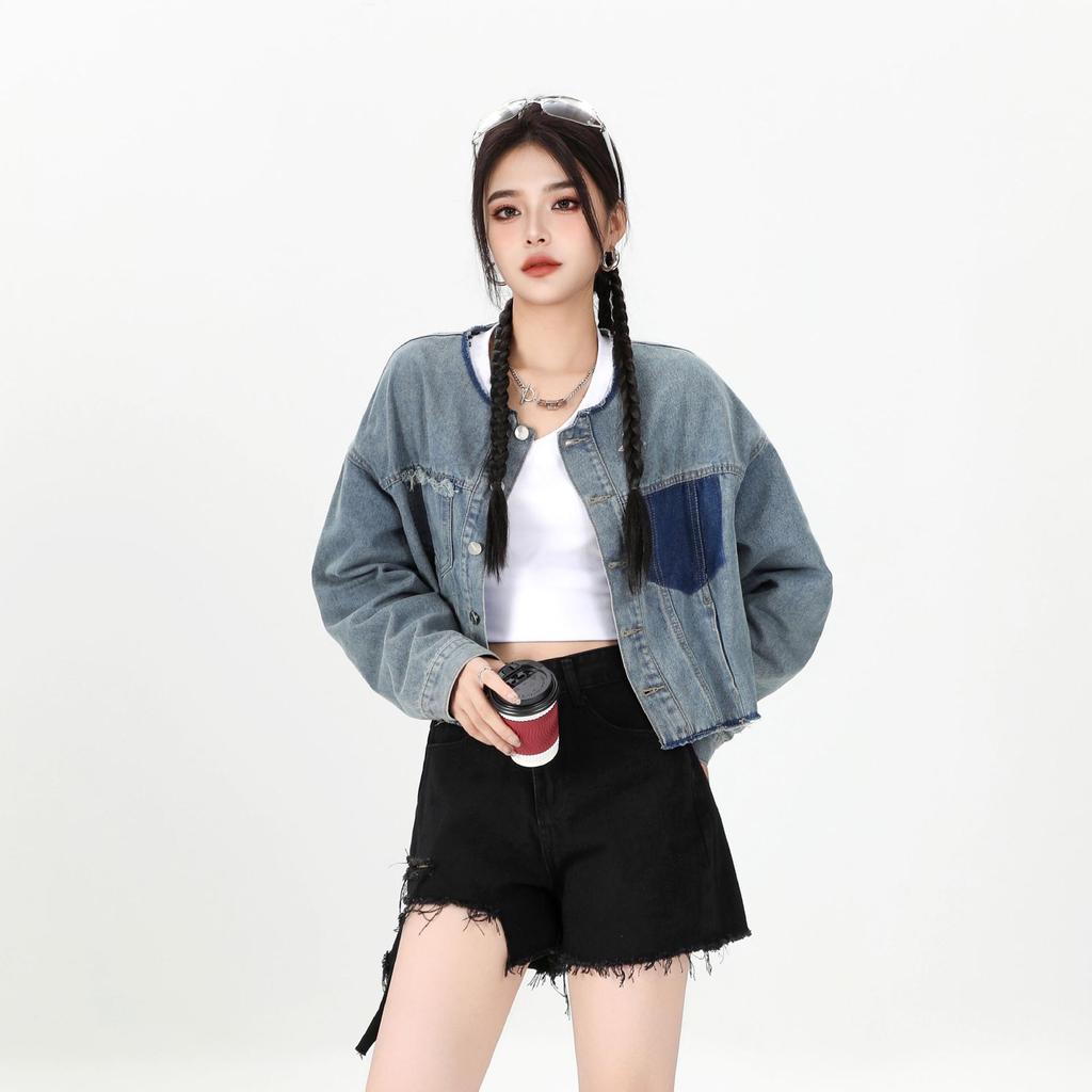 Damska kurtka raglanowa z denimu w stylu retro - Wczesnojesienna codzienna góra w blokach kolorystycznych