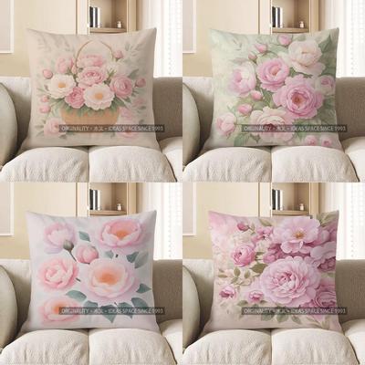 Home Decor Pink Roses In Basket Decorative Pillow Cover Pattern Cushion Cover Suitable For Sofa Bedroom Car Pillow Cover