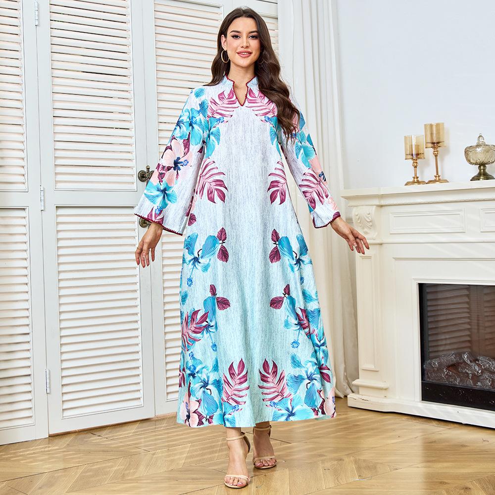 Casual Dresses Arabian Style Elegant Floral Loose Plus Size Casual Maxi Dress for Women, 100% Polyester Fashionable Comfortable Dress