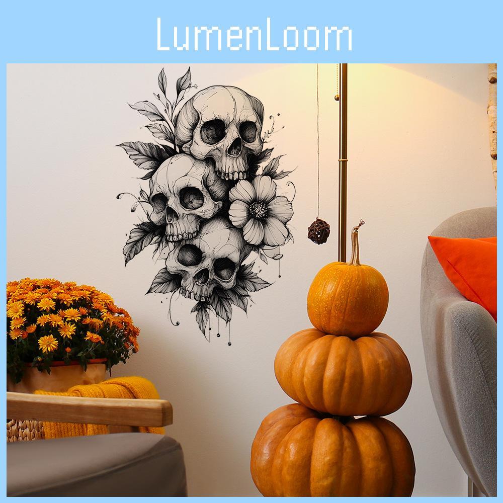 Decorative Black And White Skull Flower Wall Sticker For Halloween Living Room And Study Wall Decor