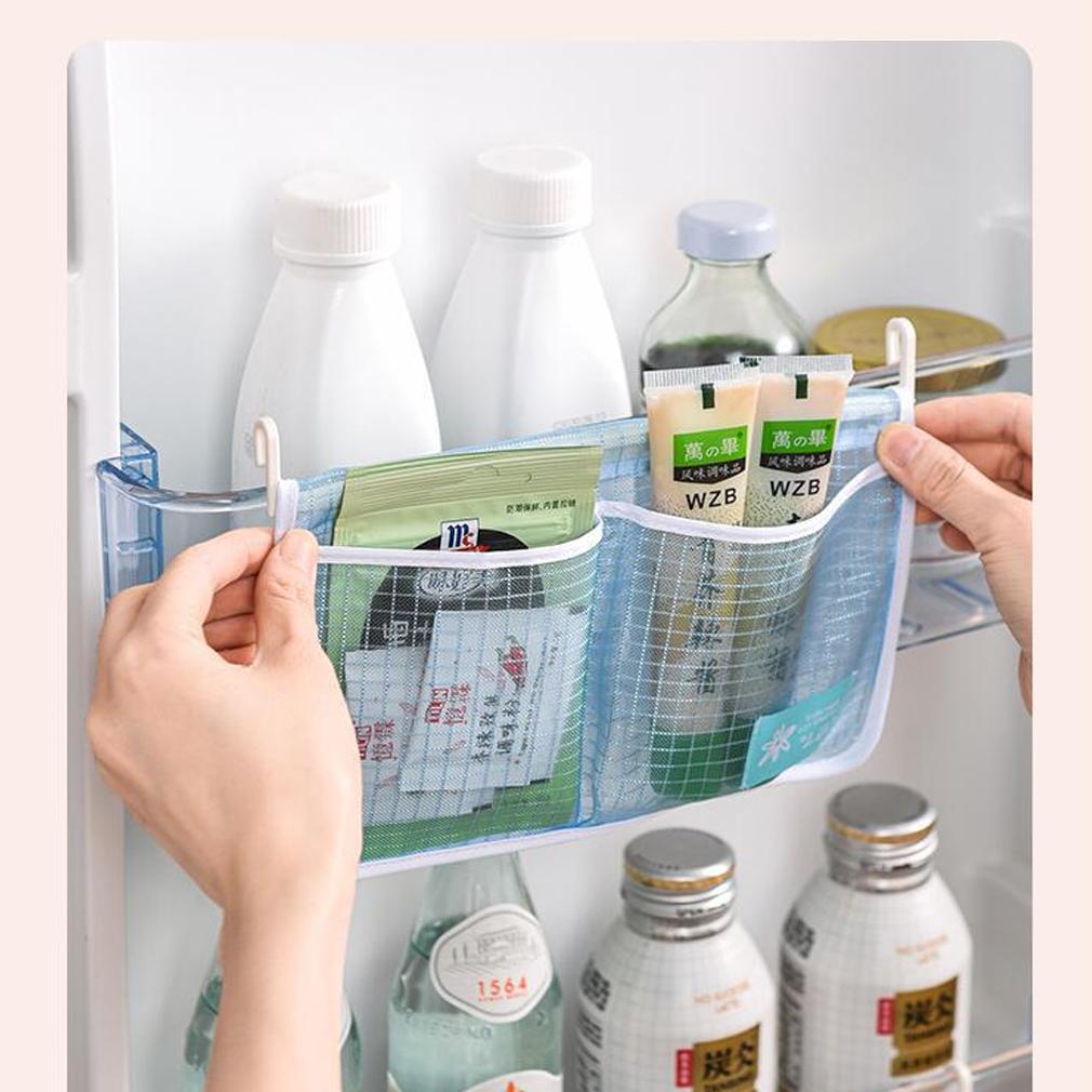 1Pc Kühlschrank Lagerung Mesh Tasche Küche Organisatoren Tragbare Gewürz Lebensmittel Snacks Net Tasche Doppel Fach Hängen Tasche Weiß Blau