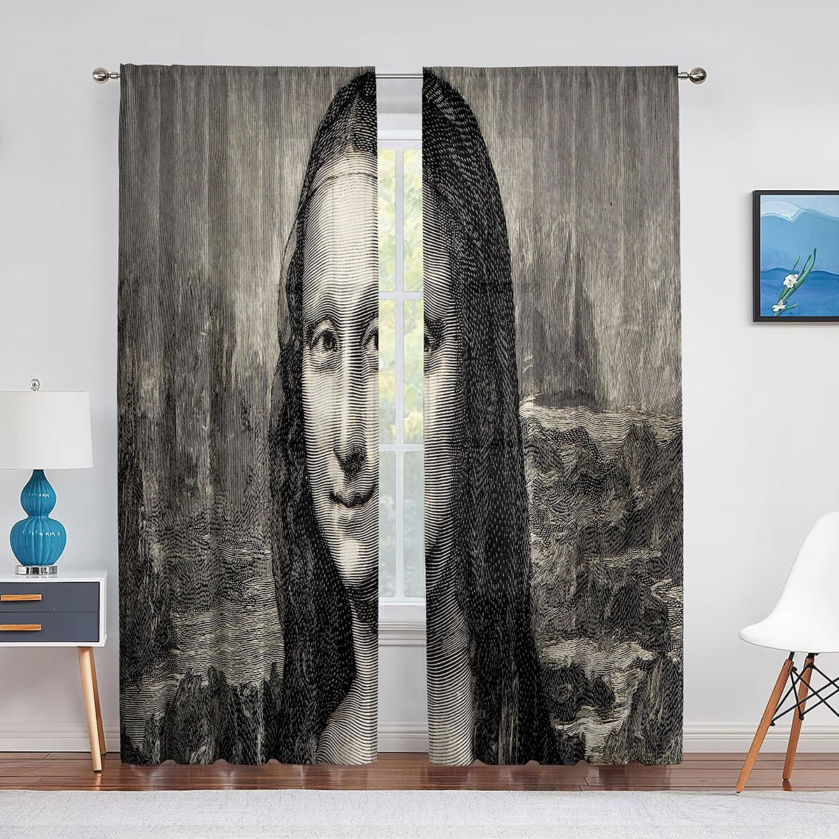 Тюлевая занавеска с изображением Моны Лизы и забавных котят для спальни — фото 10