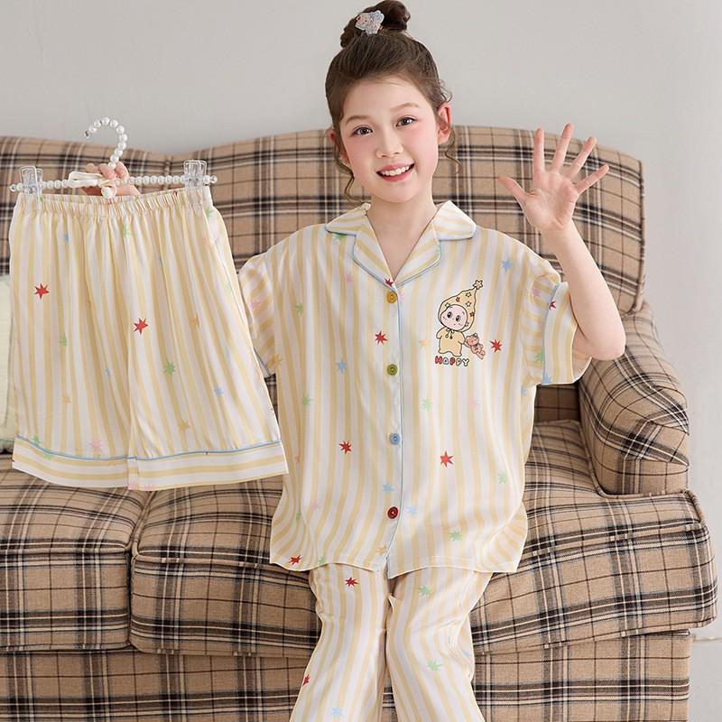 Girls Ice Silk Pajama Set Short Sleeve 3-Piece Cartoon Home Wear Ages 8