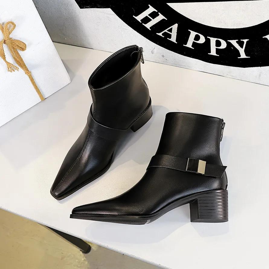 Bigtree Spring Pointed Toe Square High Heels Women Ankle Boots Design Style Fold Belt Buckle Short Booties Shoes Platform Boots