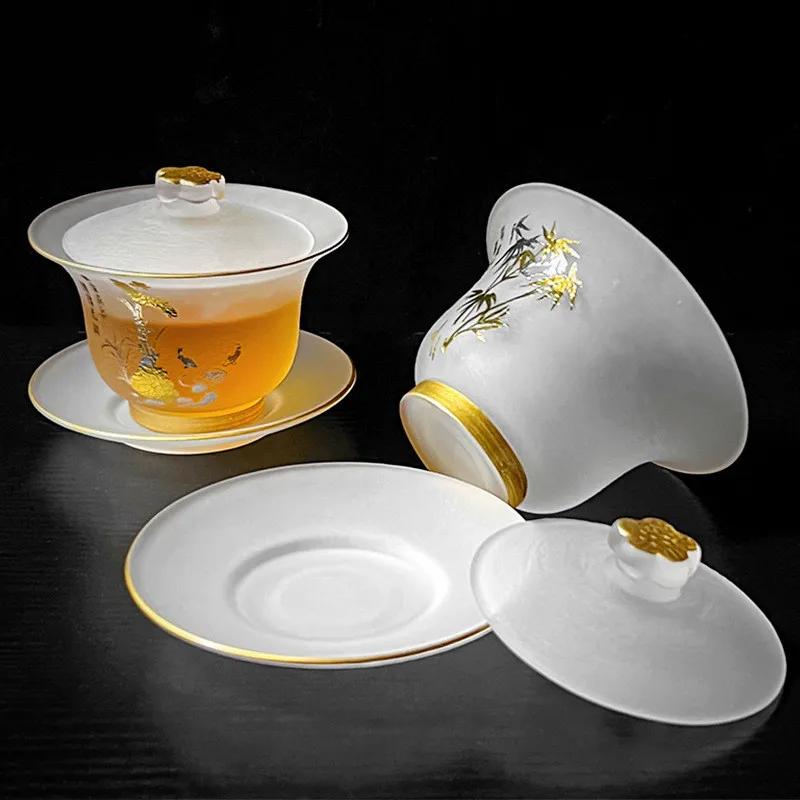 120ml Tea Cups Heat Resistant Glazed Gold Edge Cover Bowl Scholar's Tea Bowl Teacup Sanded Sancai Bowl Kung Fu Justice Cup