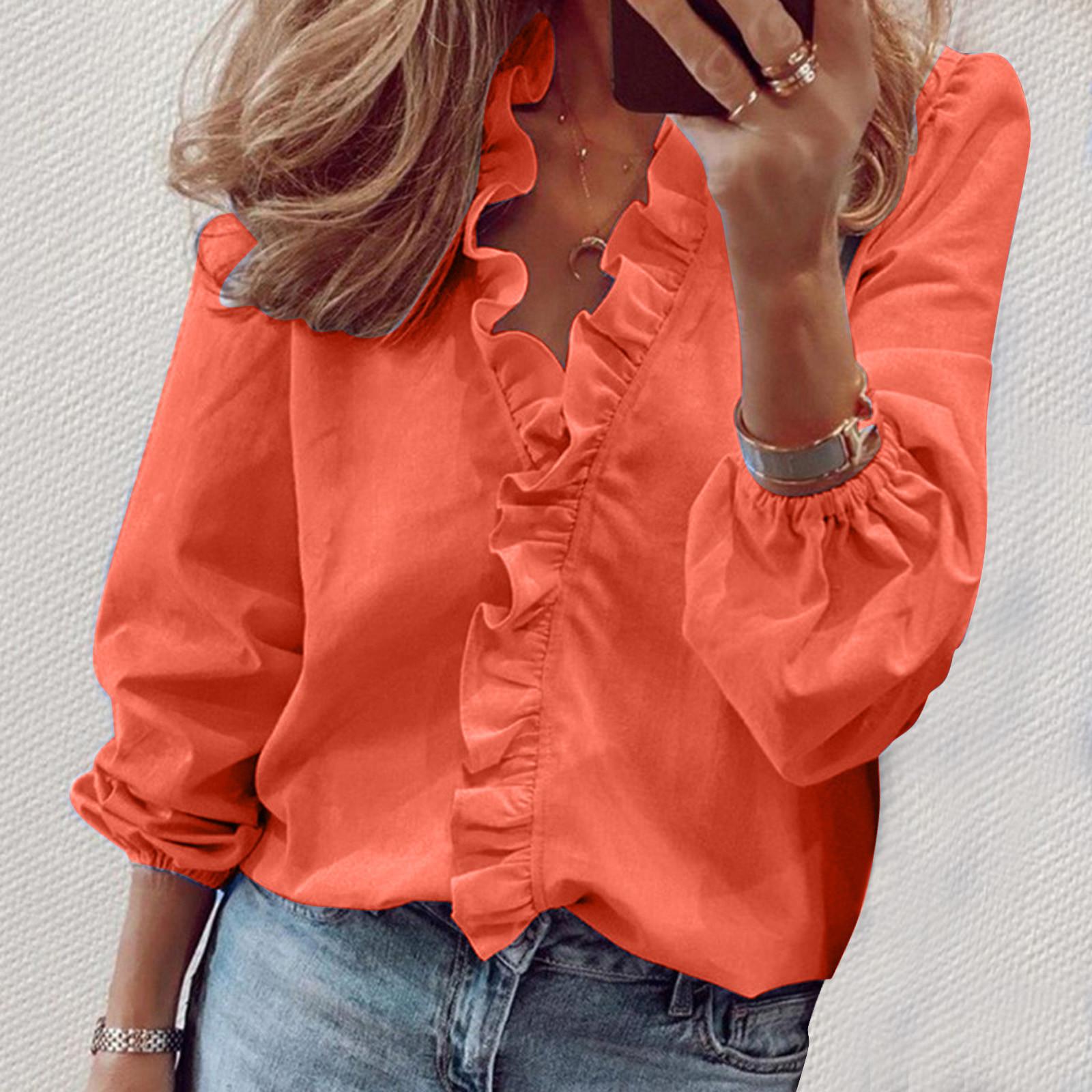 

Women s Summer Ruffle V-Neck Short Sleeve Print Casual Dressy T-Shirt Top XXL оранжевый