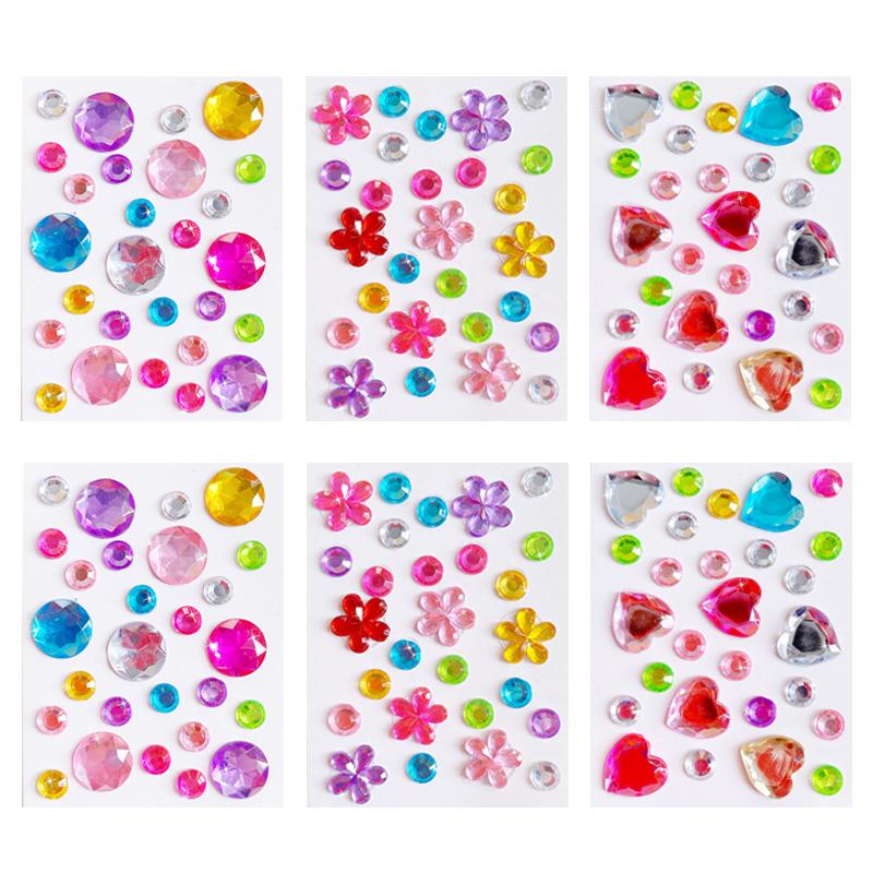 6 Sheetsset Diamond Self Adhesive Acrylic Rhinestone Sticker Love Heart Round Flower Shape Handmade Diy Stickers Decoration