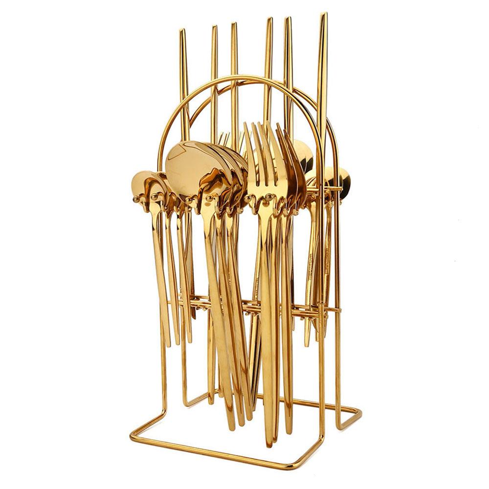 JANKNG 24Pcs Dinnerware Set Stainless Steel Cutlery Set Kitchen Tableware Knife Fork Spoon Flatware Black Gold Silverware for 6