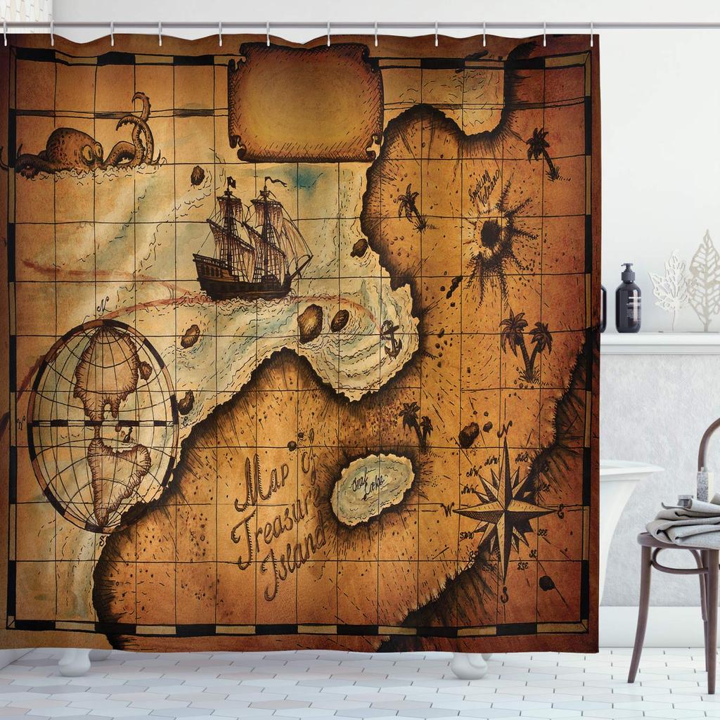 Maritieme Eilandkaart Douchegordijnen, Vintage Oude Kaart Piratenschip Decor Polyester Oceaan Oude Piraten Schatkaart Douchegordijn