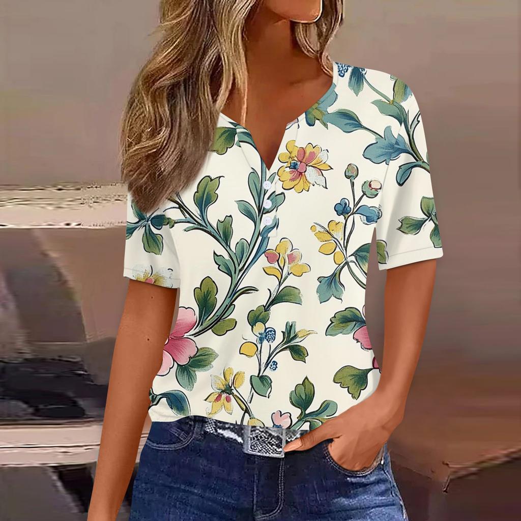 Women's T Shirt Print Button Short Sleeve Daily Weekend Fashion Basic V-Neck Regular Top