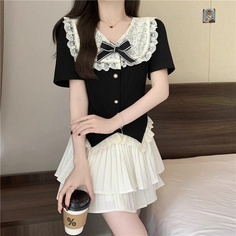 Ensemble Top à Col Doll en Dentelle et Jupe Superposée pour Filles Petites - Académie d'Été