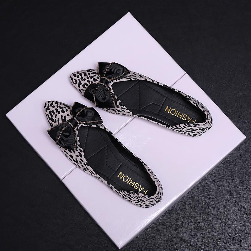 New Style Women Flats Pointed Toe Boat Shoes Leopard Slip on Flat Shoes Woman Loafers Big Bow Ballet Flats Comfort Ladies Shoes