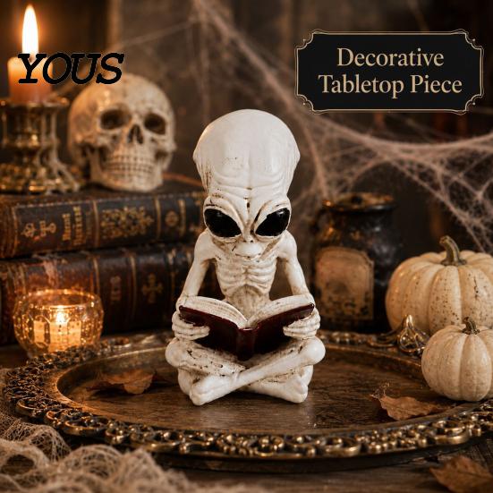 Collectible Alien Art Pieces Cross Legged Reading Book Skeleton Figurine, Resin Sci-Fi Gothic Personalized Birthday Souvenirs Halloween Ornament,